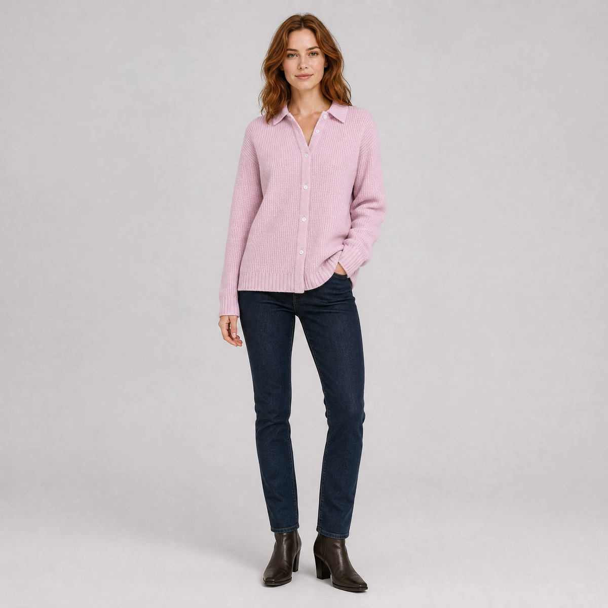 Women's Ribbed Knit Button Front Collared Top