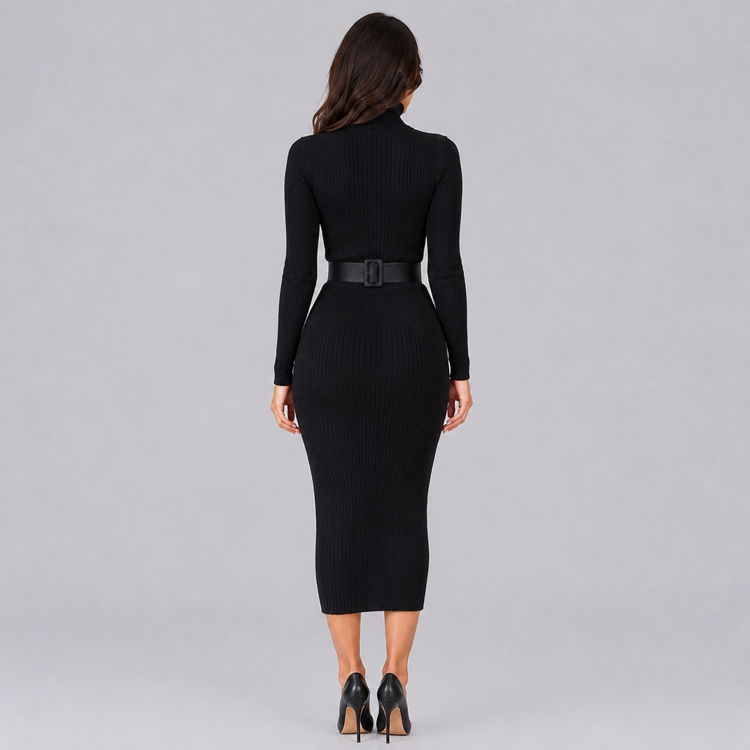Women's Ribbed Knit Turtleneck Belted Jumper Dress Midi