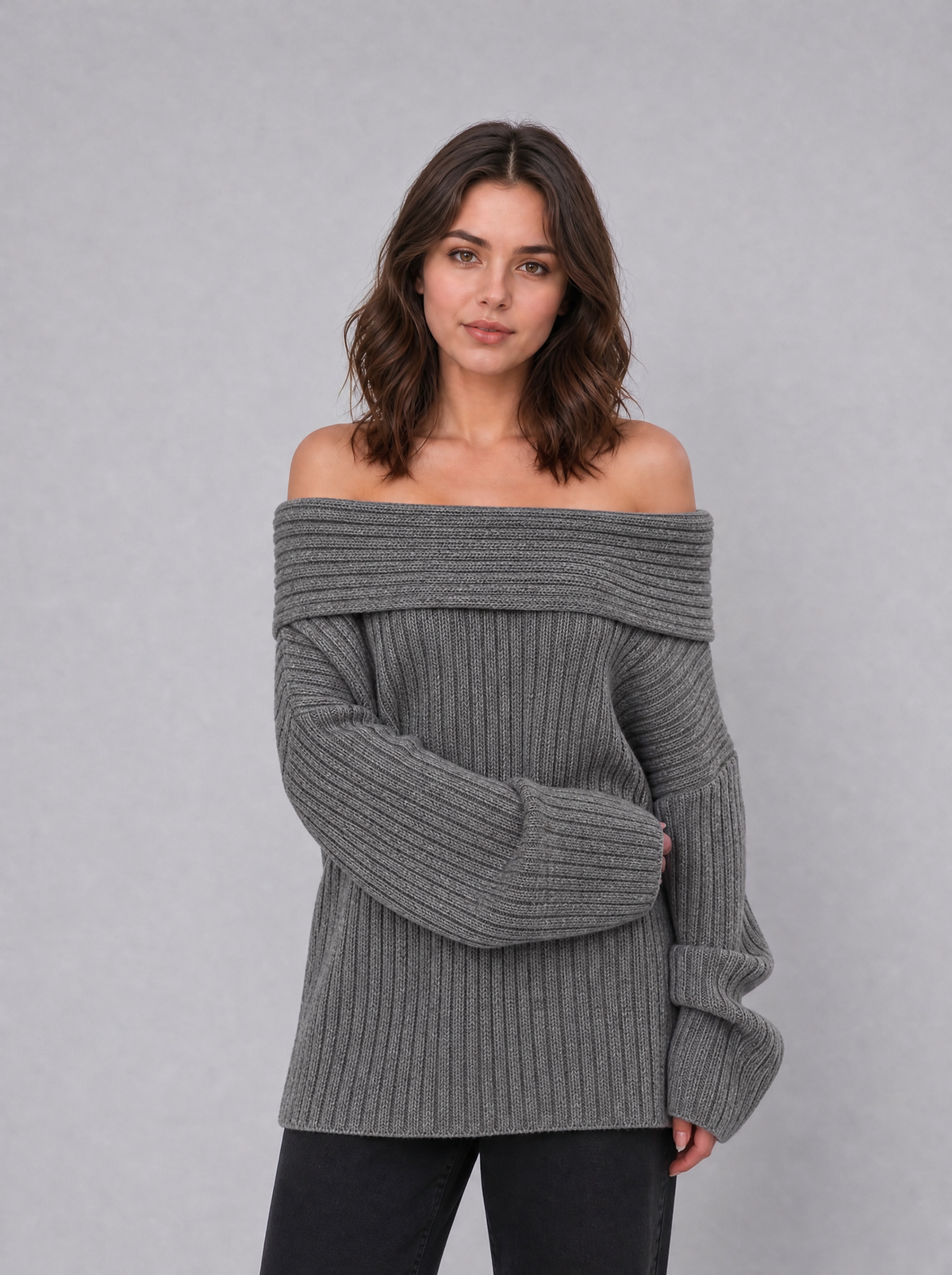 Women's Ribbed Off Shoulder Relaxed Jumper - Grey colour view