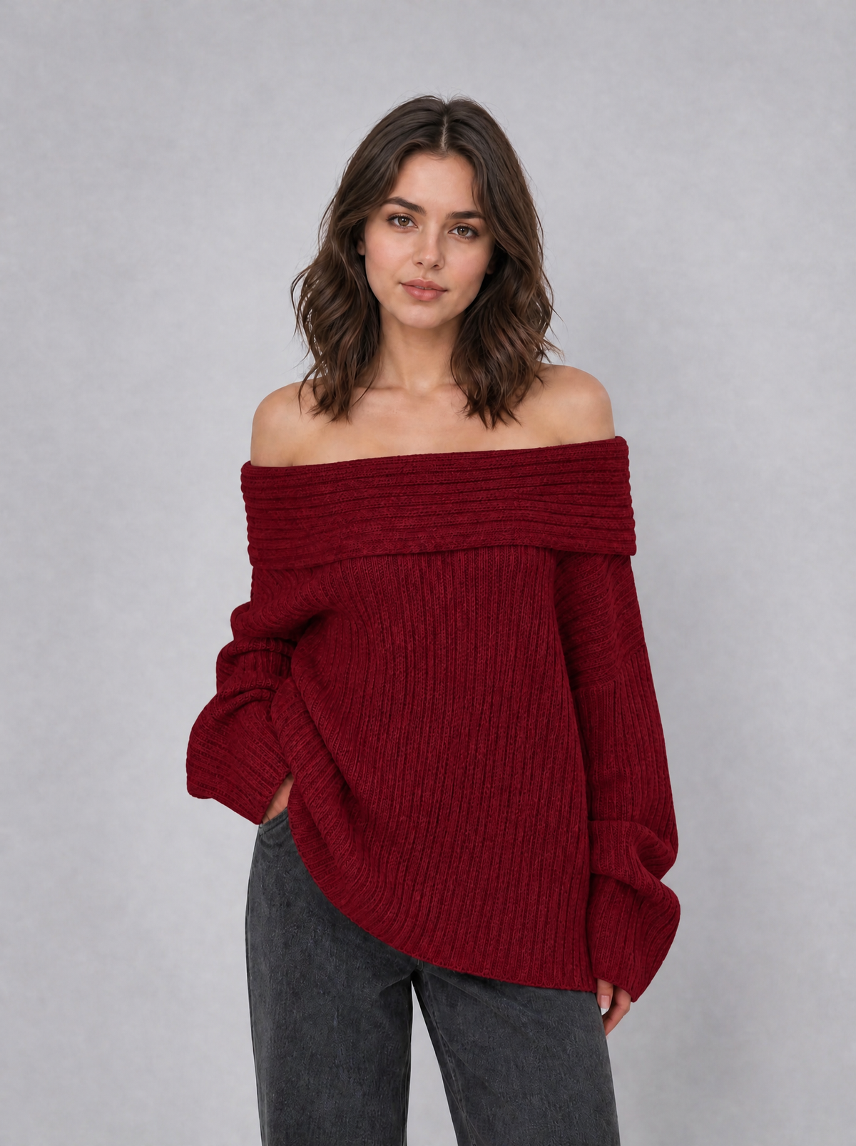 Women's Ribbed Off Shoulder Relaxed Jumper - Red colour view