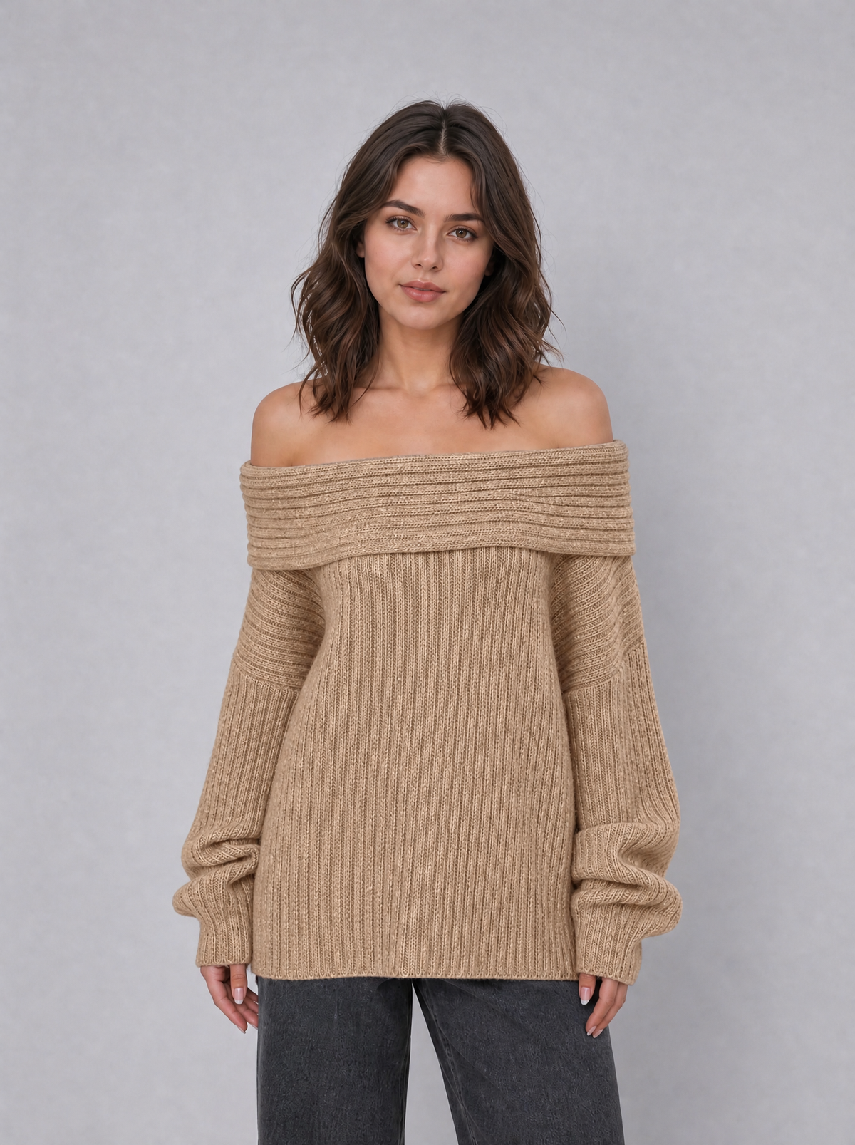Women's Ribbed Off Shoulder Relaxed Jumper - Beige colour view