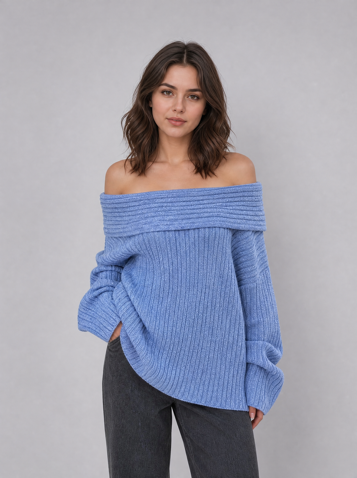 Women's Ribbed Off Shoulder Relaxed Jumper - Blue colour view