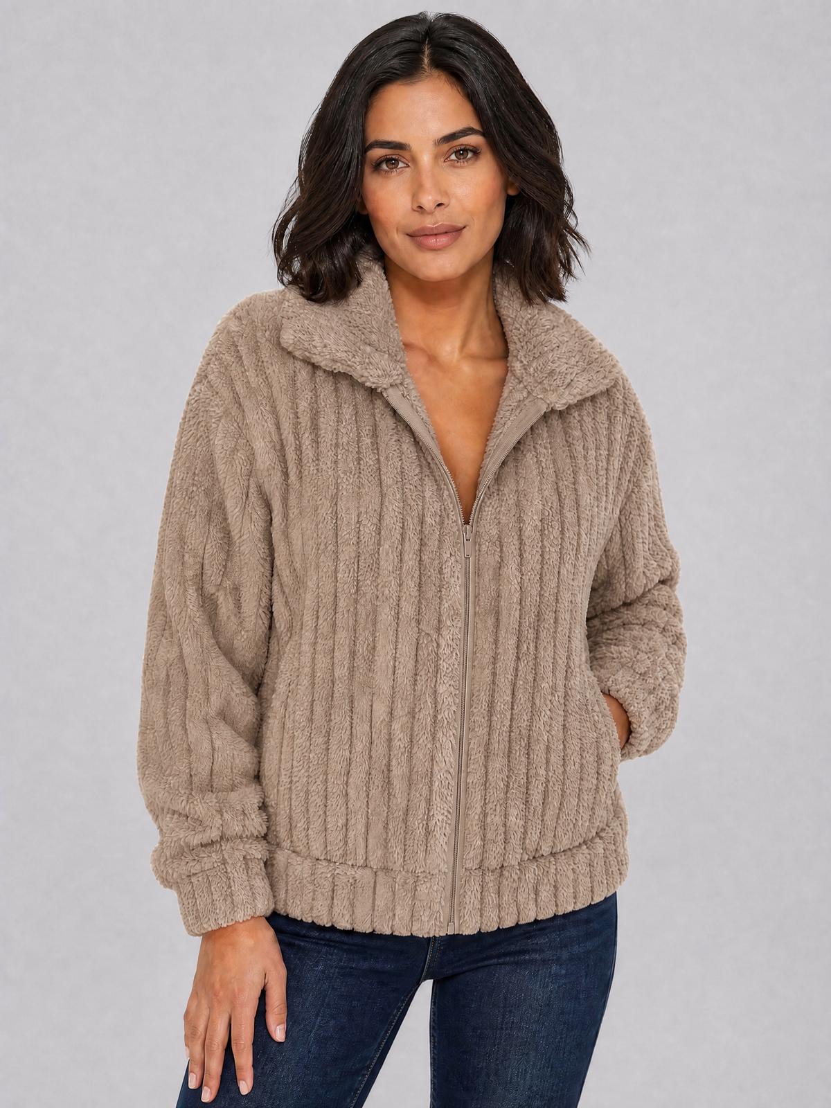 Women's Ribbed Teddy Fleece Relaxed Full Zip Cardigan