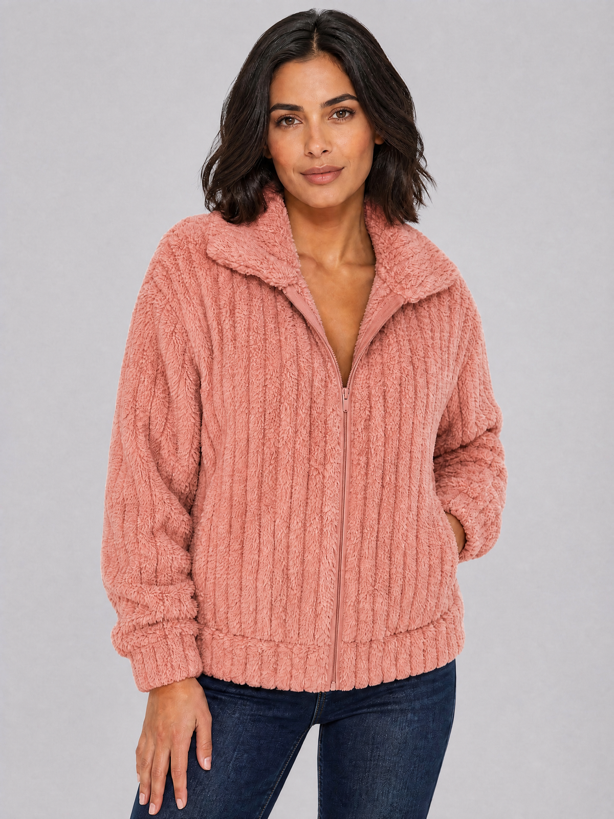 Women's Ribbed Teddy Fleece Relaxed Full Zip Cardigan