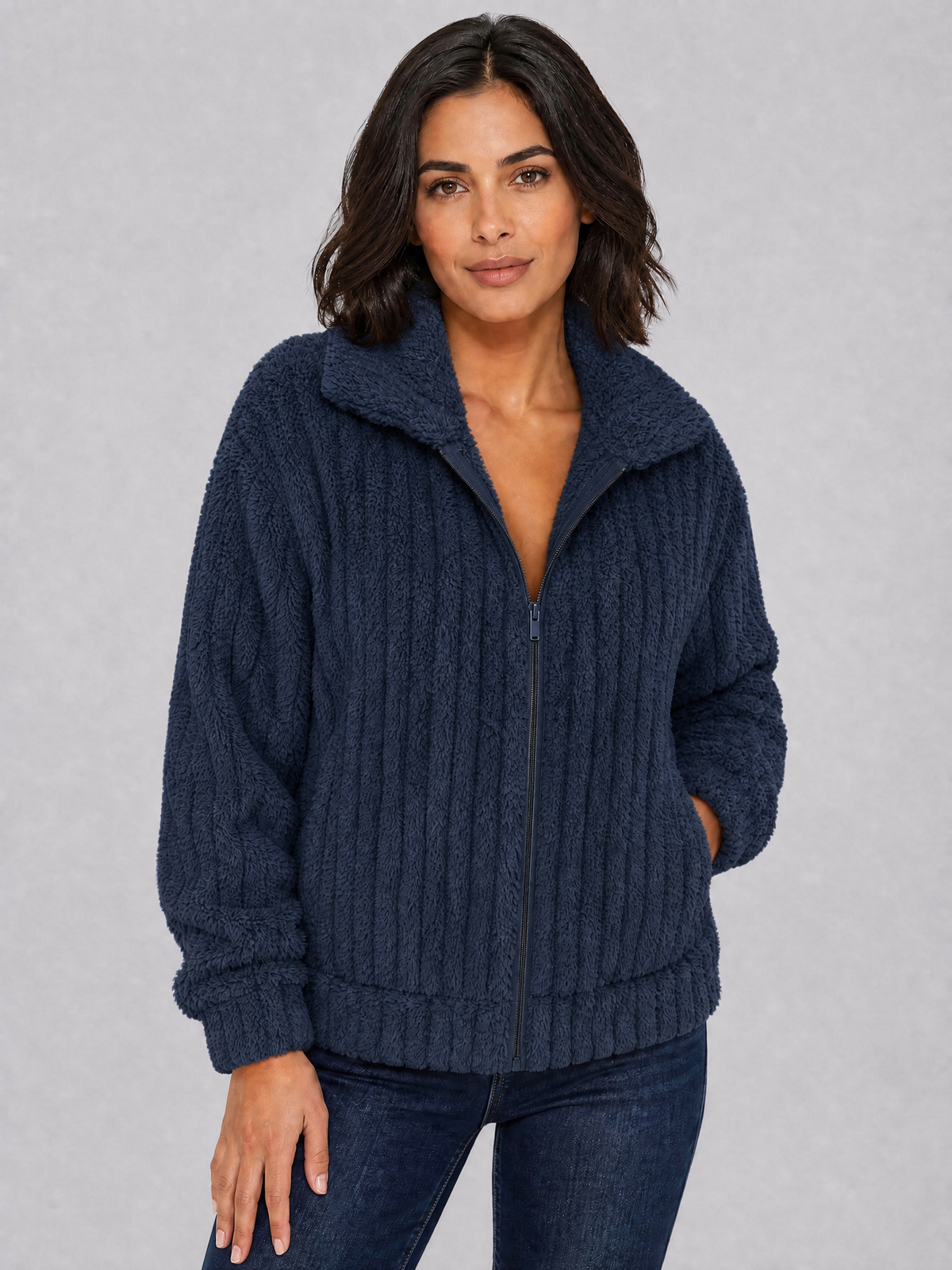 Women's Ribbed Teddy Fleece Relaxed Full Zip Cardigan