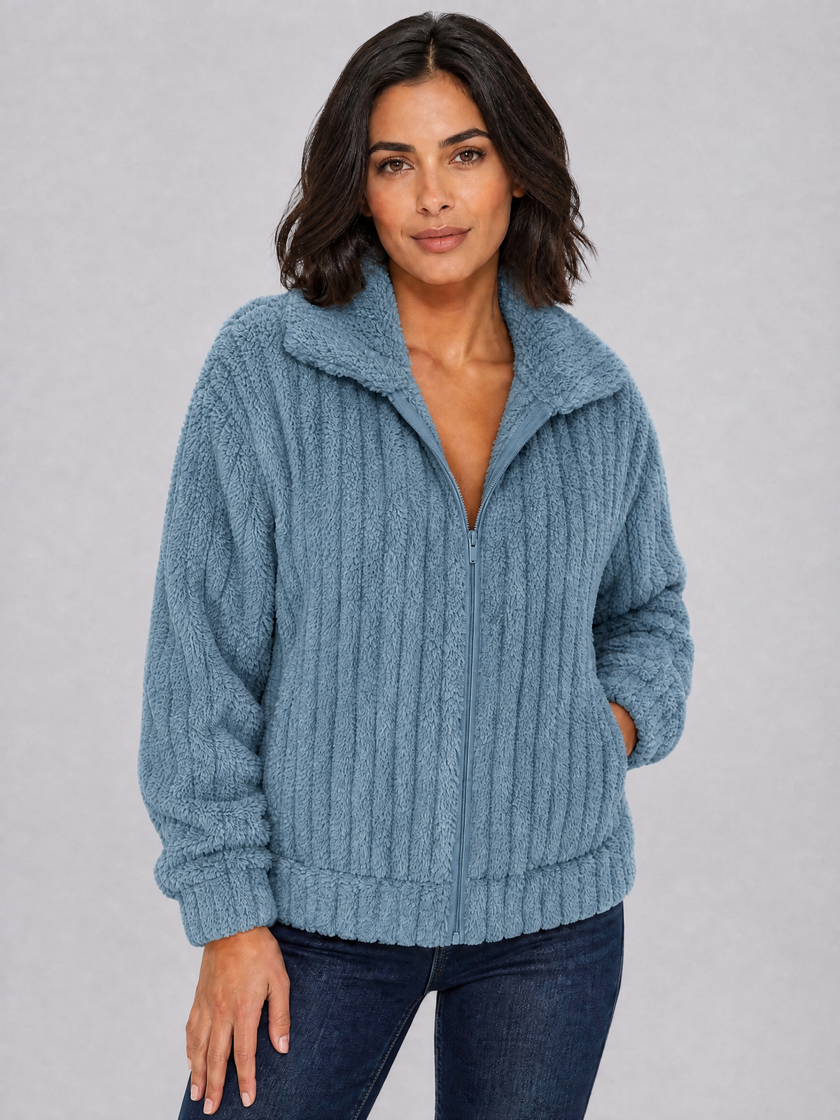 Women's Ribbed Teddy Fleece Relaxed Full Zip Cardigan
