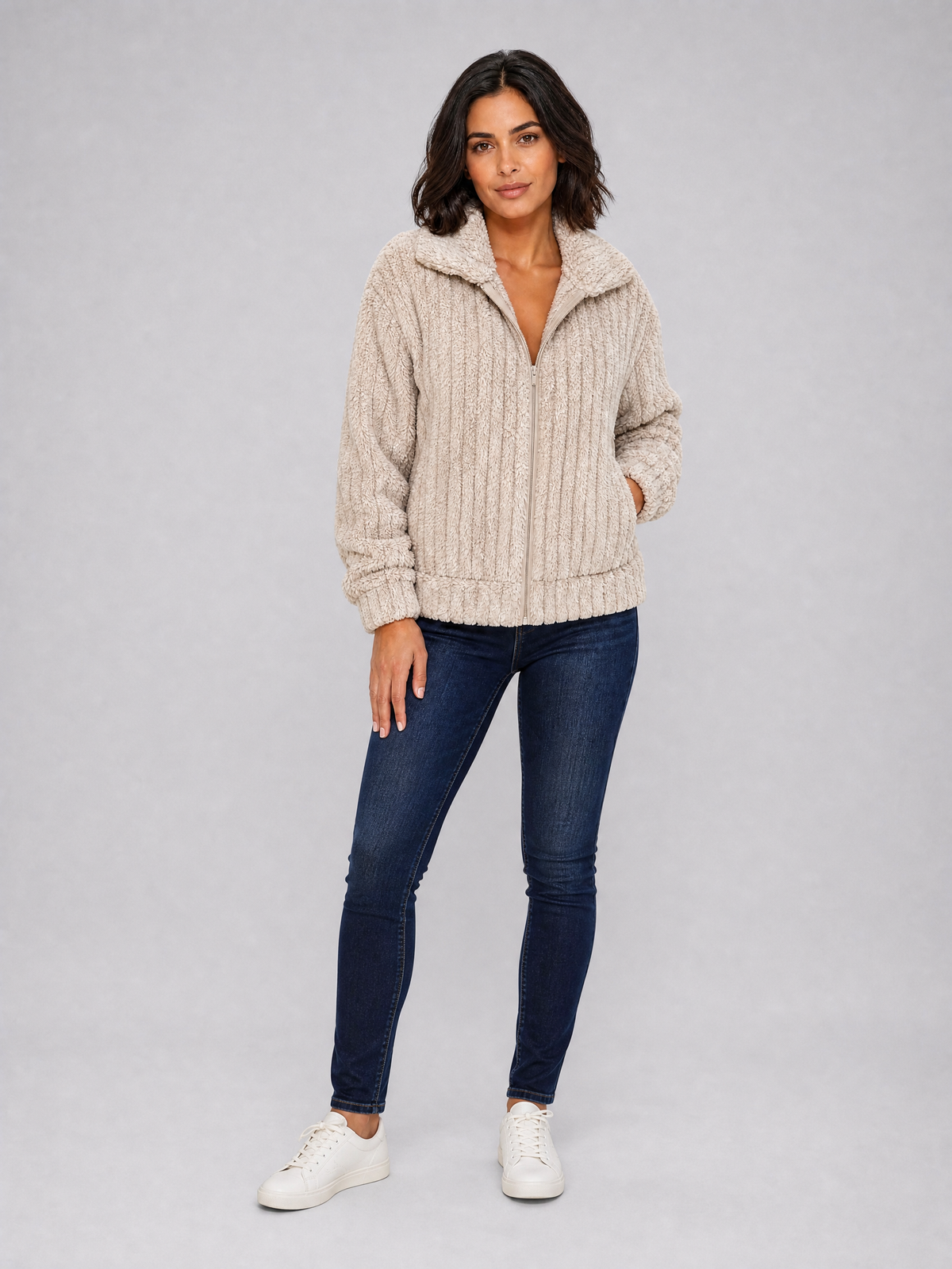 Women's Ribbed Teddy Fleece Relaxed Full Zip Cardigan