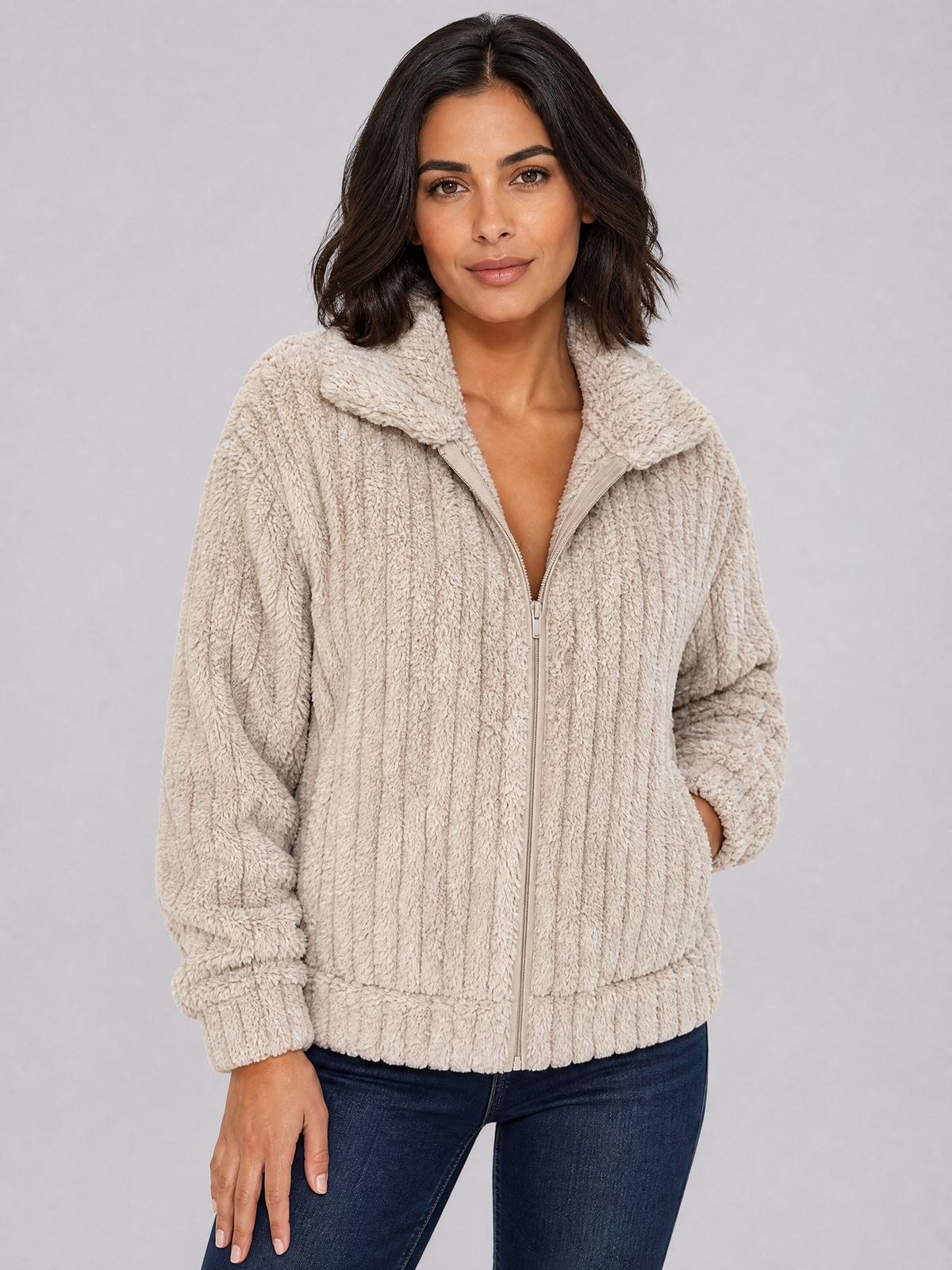 Women's Ribbed Teddy Fleece Relaxed Full Zip Cardigan