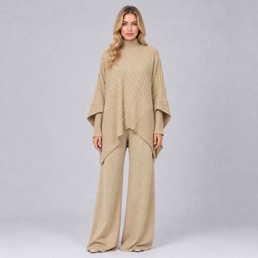 Women's Ribbed Viscose Knit Mock Neck Poncho and Wide Leg Pants Set