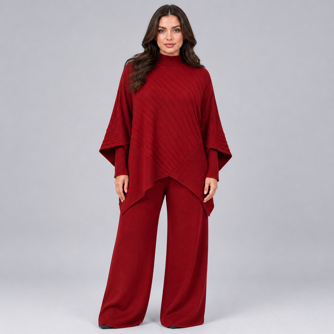 Women's Ribbed Viscose Knit Mock Neck Poncho and Wide Leg Pants Set