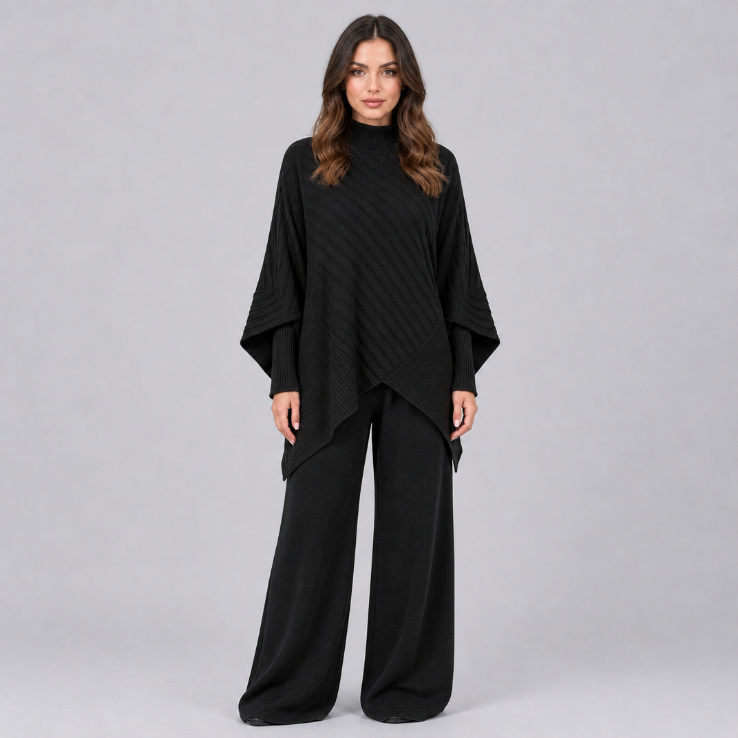 Women's Ribbed Viscose Knit Mock Neck Poncho and Wide Leg Pants Set