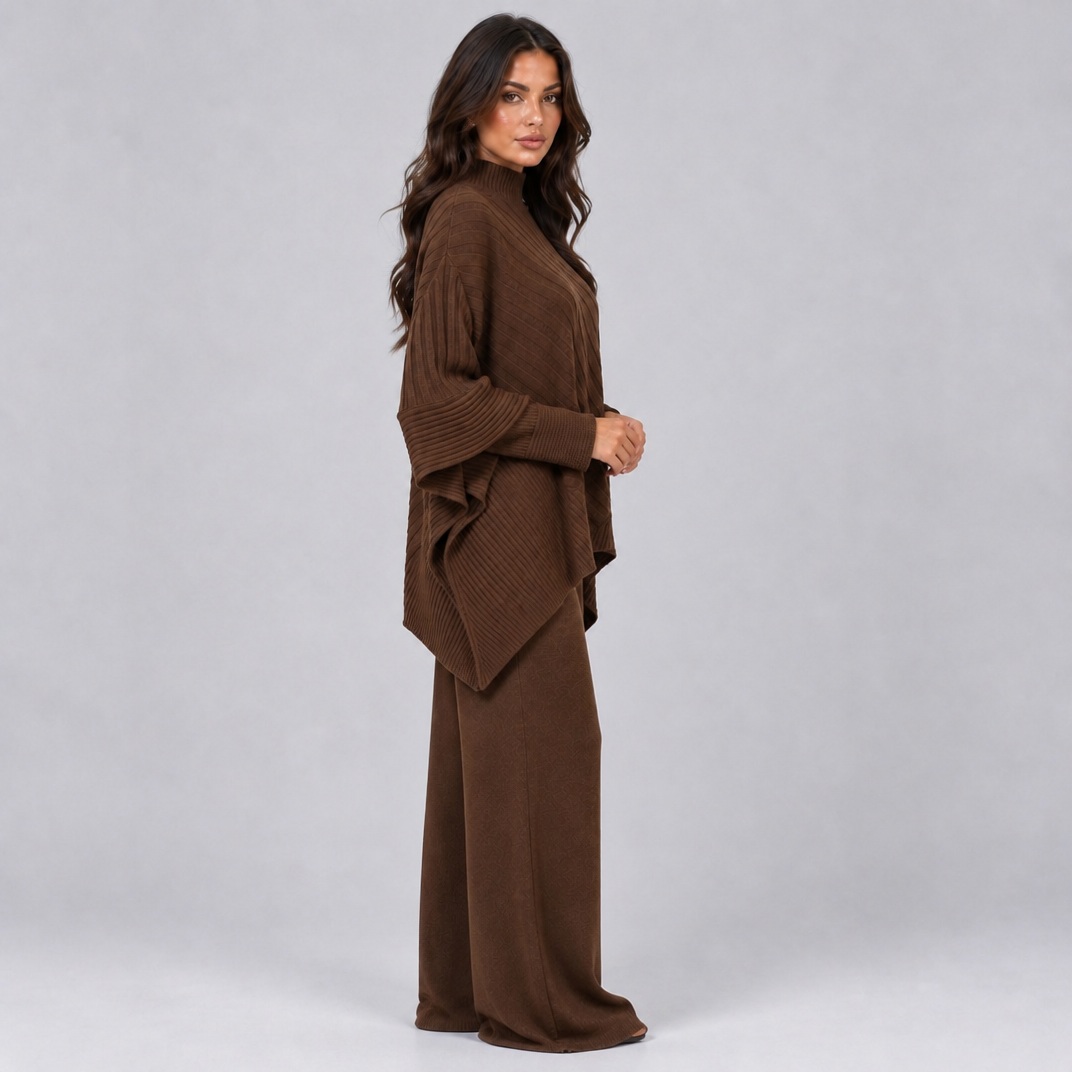 Women's Ribbed Viscose Knit Mock Neck Poncho and Wide Leg Pants Set