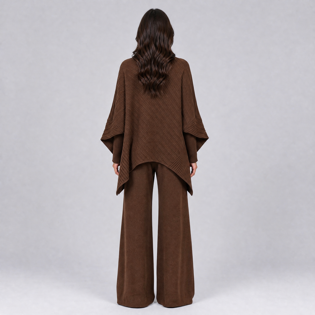 Women's Ribbed Viscose Knit Mock Neck Poncho and Wide Leg Pants Set