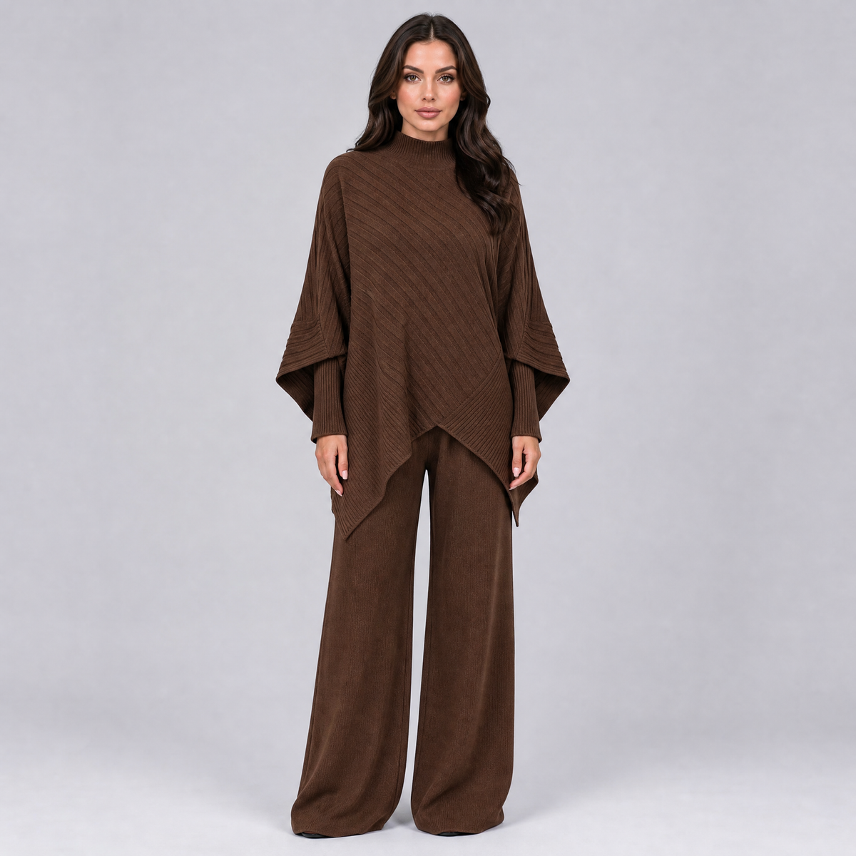 Women's Ribbed Viscose Knit Mock Neck Poncho and Wide Leg Pants Set