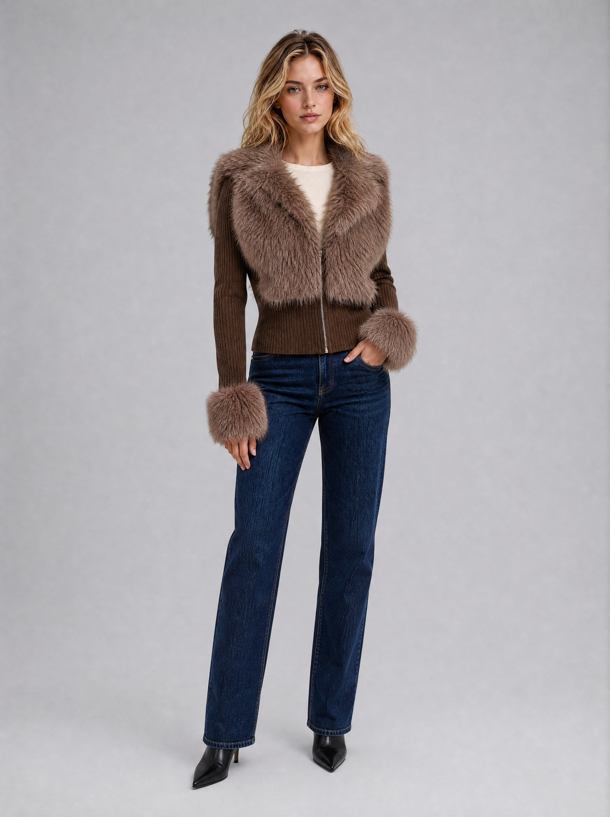 Women's Ribbed Wool Blend Fitted Faux Fur Zip Cardigan in Brown - view 3