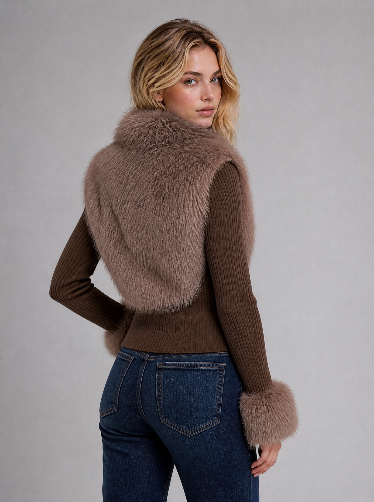 Women's Ribbed Wool Blend Fitted Faux Fur Zip Cardigan in Brown - view 4