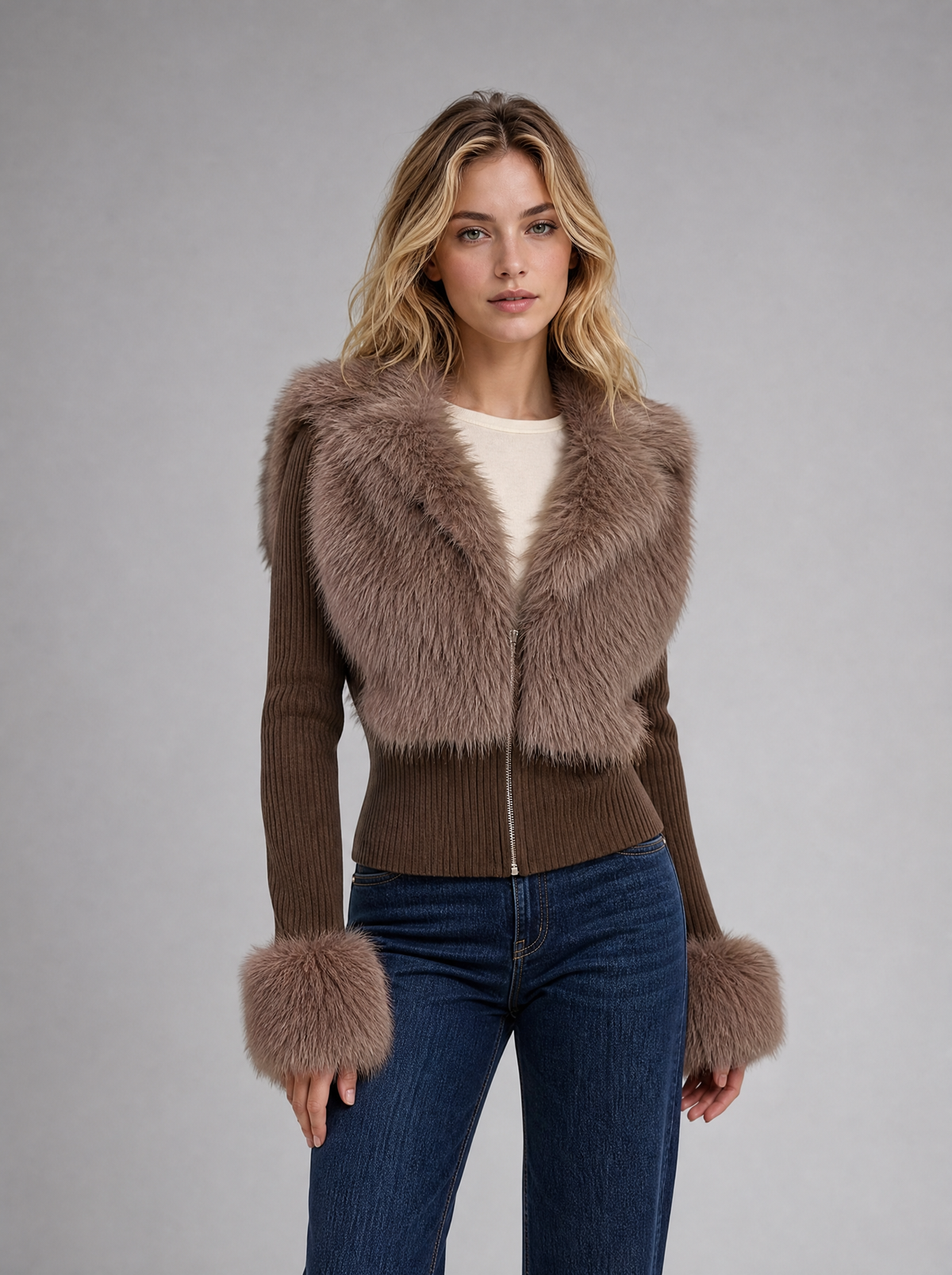 Women's Ribbed Wool Blend Fitted Faux Fur Zip Cardigan in Brown - view 1