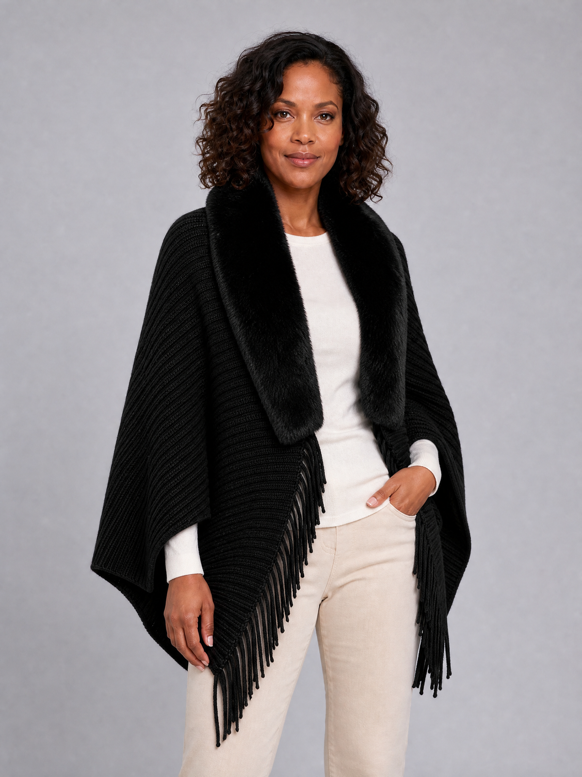 Women's Ribbed Wool Blend Relaxed Faux Fur Collar Tassel Cape