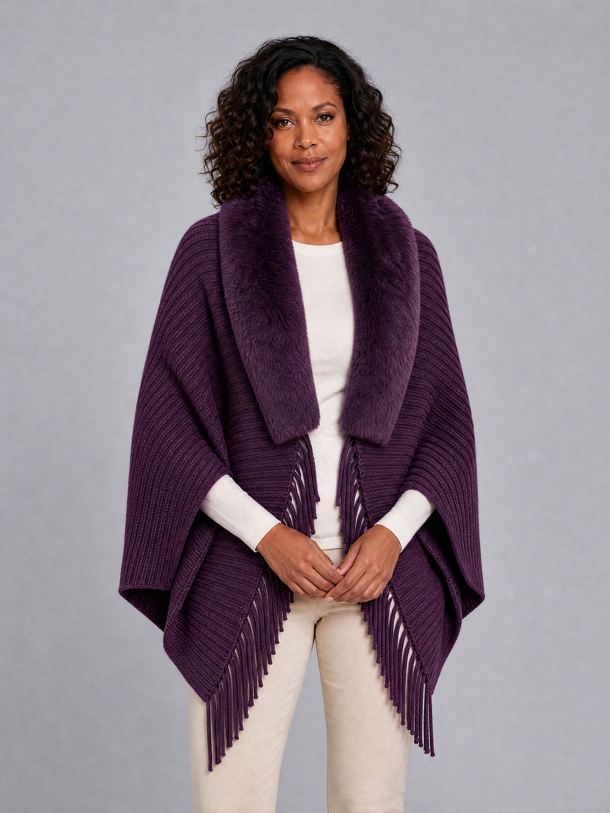 Women's Ribbed Wool Blend Relaxed Faux Fur Collar Tassel Cape