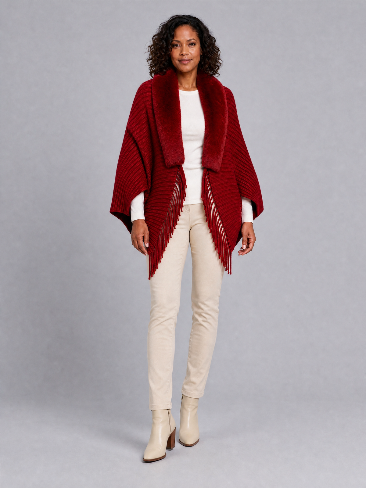 Women's Ribbed Wool Blend Relaxed Faux Fur Collar Tassel Cape