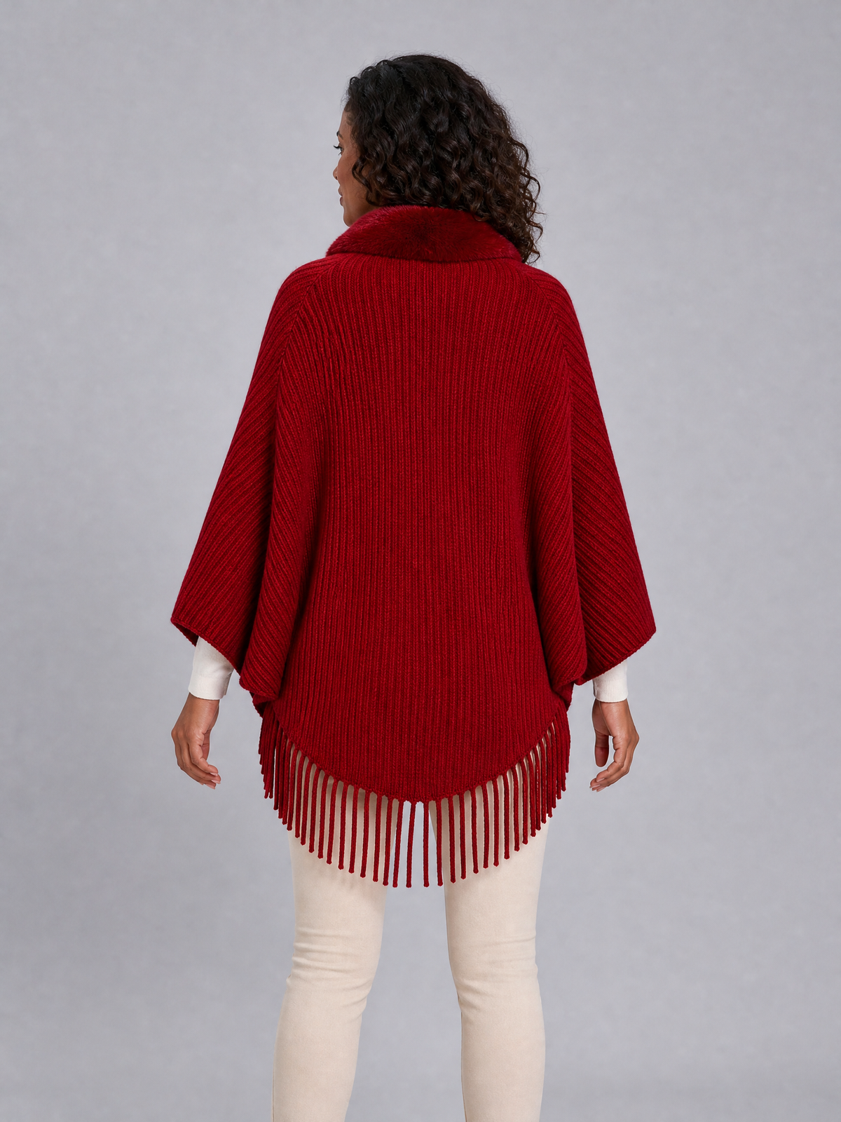 Women's Ribbed Wool Blend Relaxed Faux Fur Collar Tassel Cape