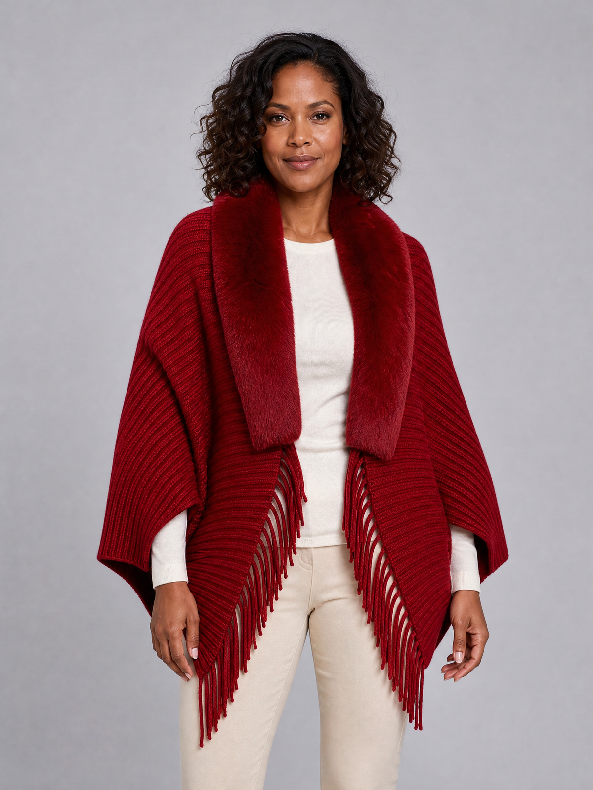 Women's Ribbed Wool Blend Relaxed Faux Fur Collar Tassel Cape