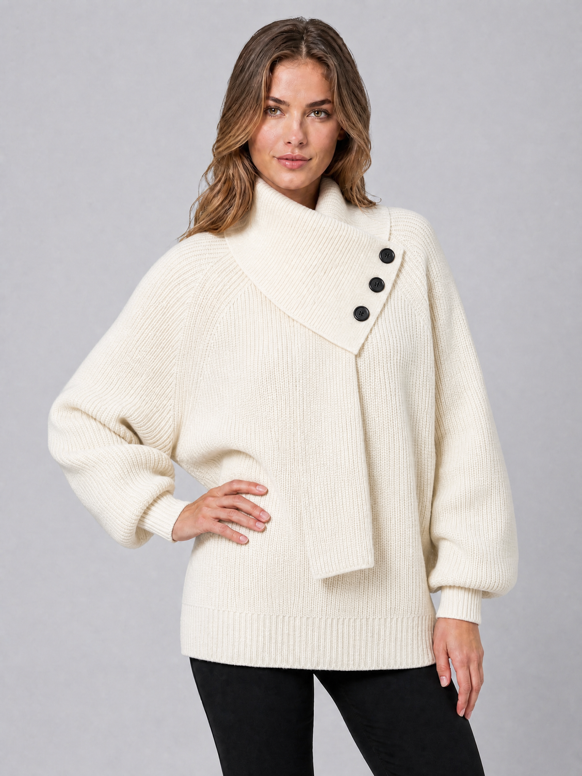 Women's Ribbed Wool Blend Relaxed Scarf Neck Button Jumper