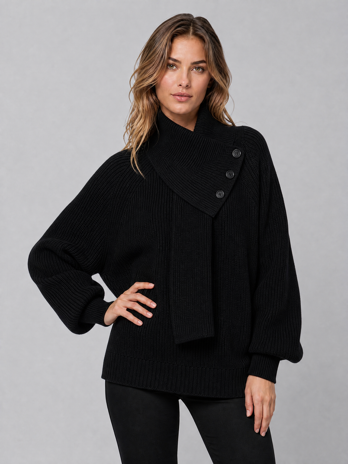 Women's Ribbed Wool Blend Relaxed Scarf Neck Button Jumper