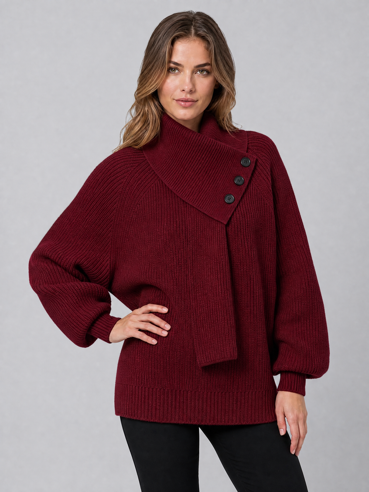 Women's Ribbed Wool Blend Relaxed Scarf Neck Button Jumper