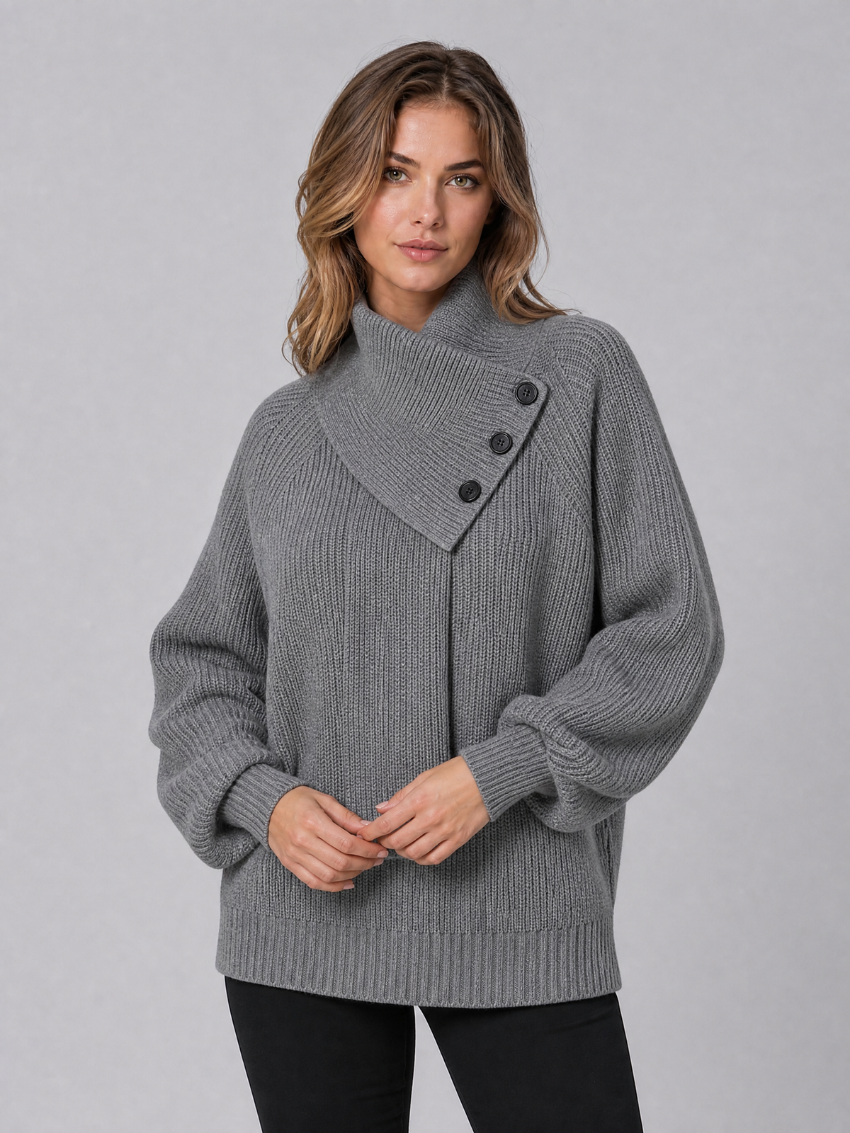 Women's Ribbed Wool Blend Relaxed Scarf Neck Button Jumper