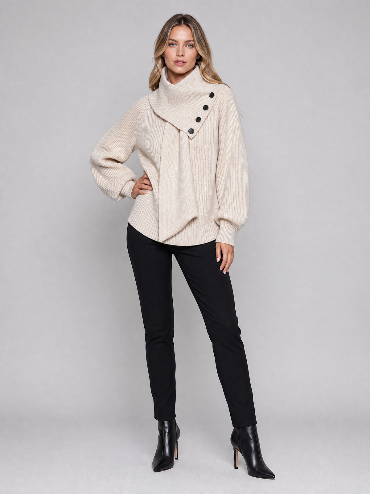 Women's Ribbed Wool Blend Relaxed Scarf Neck Button Jumper