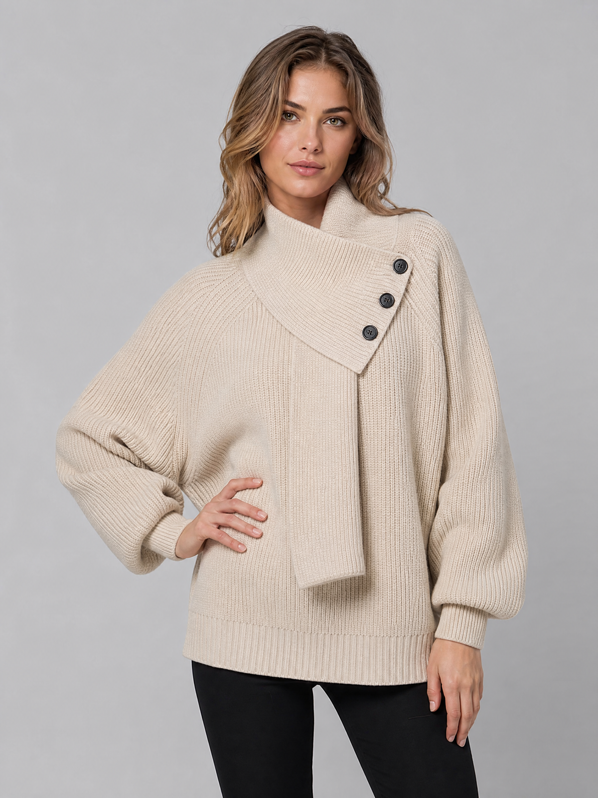 Women's Ribbed Wool Blend Relaxed Scarf Neck Button Jumper