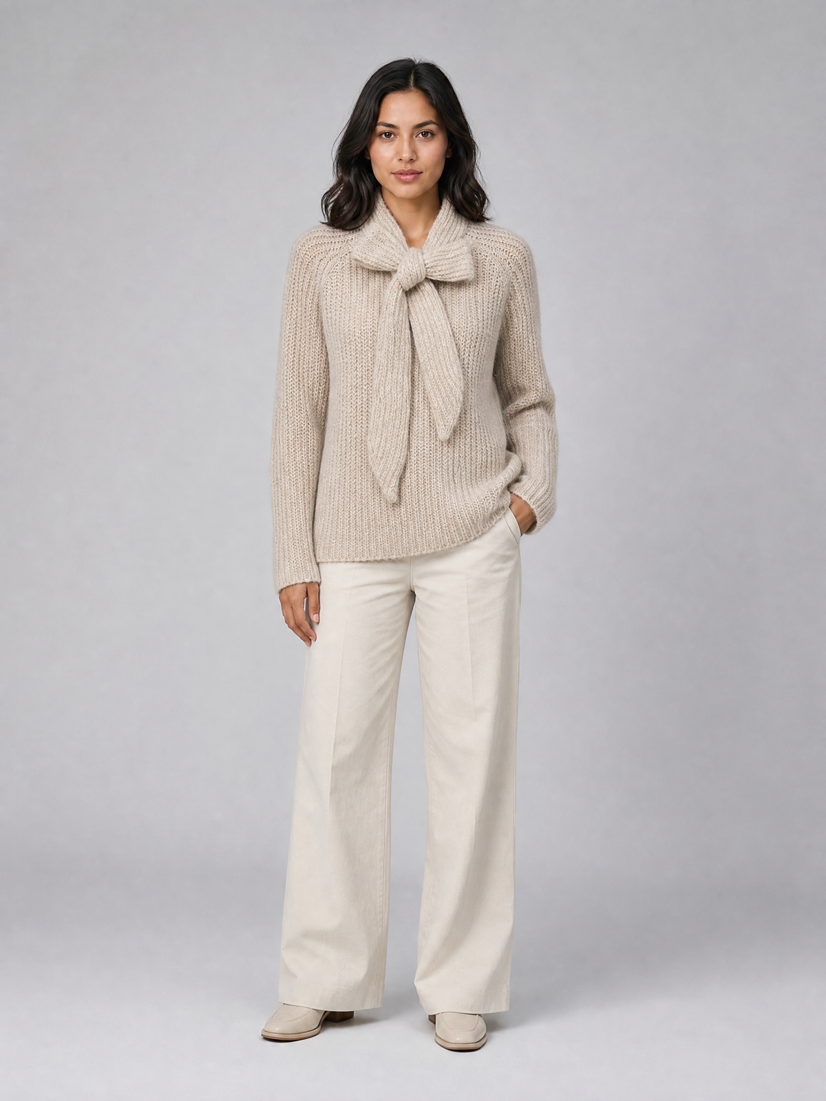 Women's Ribbed Wool Blend Relaxed Scarf Neck Jumper