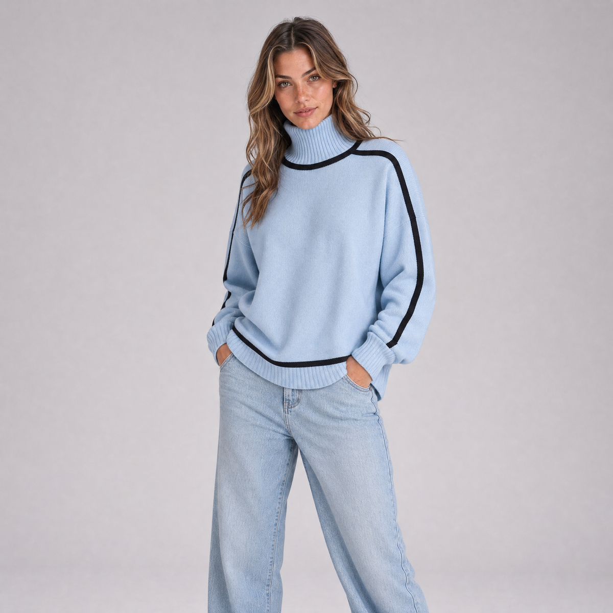 Womens Roll Neck Jumper – Contrast Trim Pullover