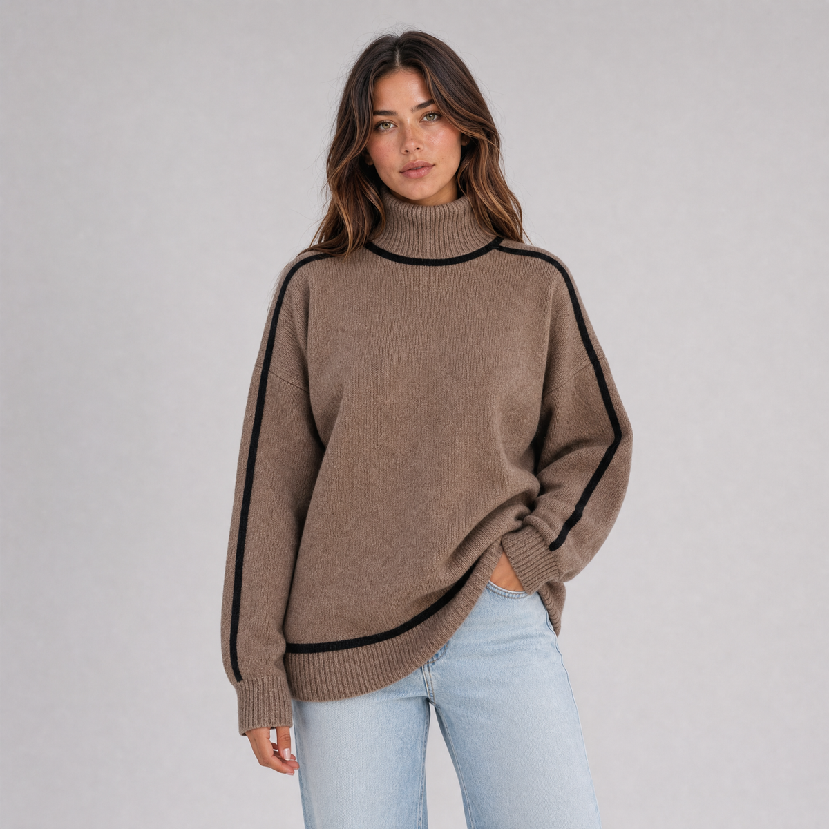 Womens Roll Neck Jumper – Contrast Trim Pullover