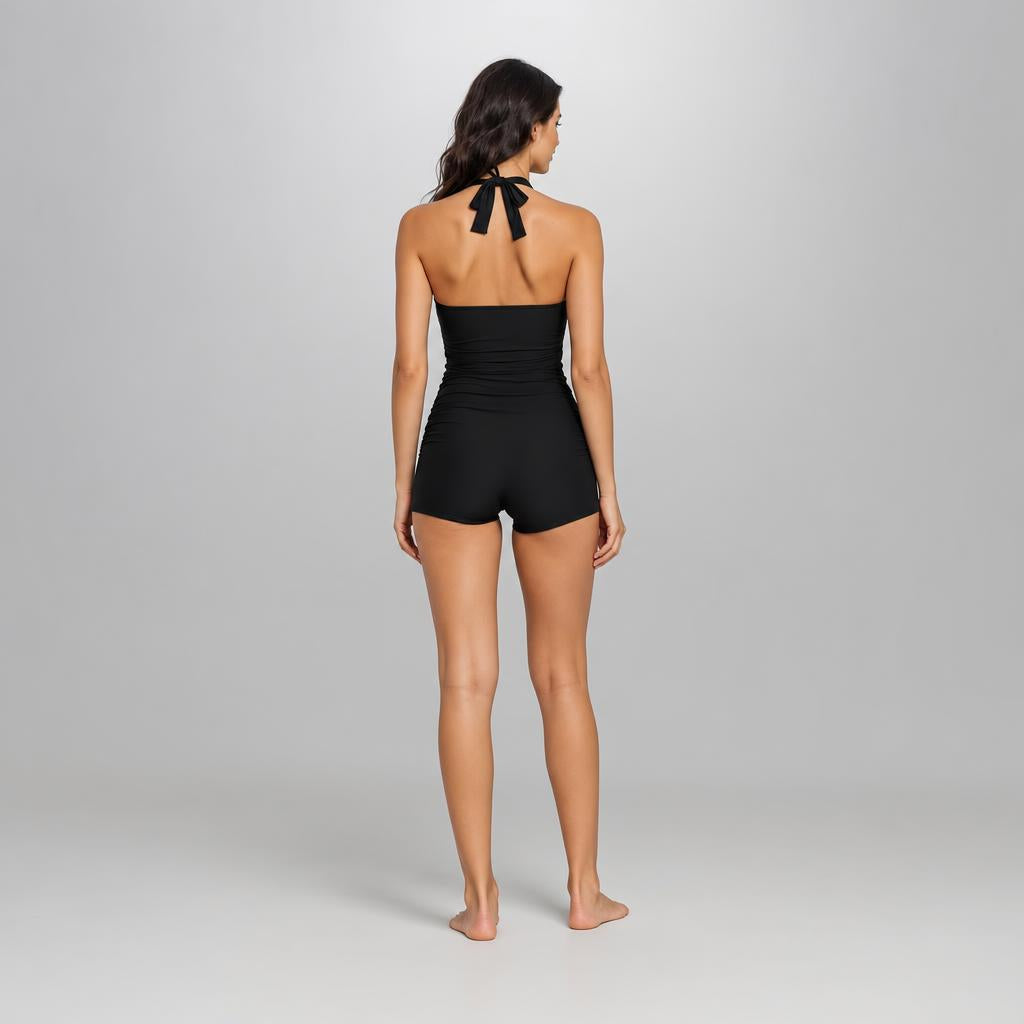 Women’s Ruched Halter-Neck Boy-Leg Swimsuit
