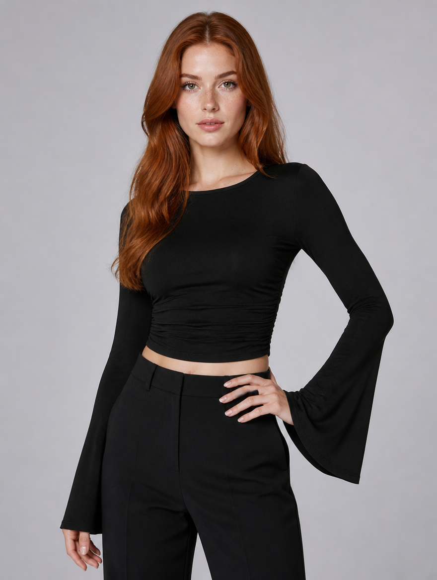 Women's Ruched Long Sleeve Flare Cuff Top - Black colour view