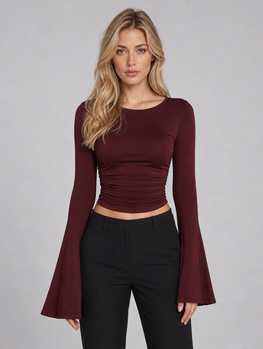 Women's Ruched Long Sleeve Flare Cuff Top - Burgundy colour view