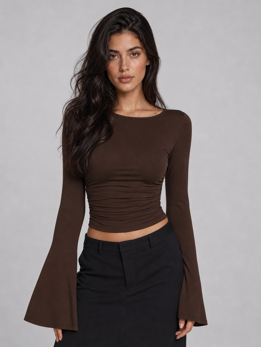 Women's Ruched Long Sleeve Flare Cuff Top - Brown colour view