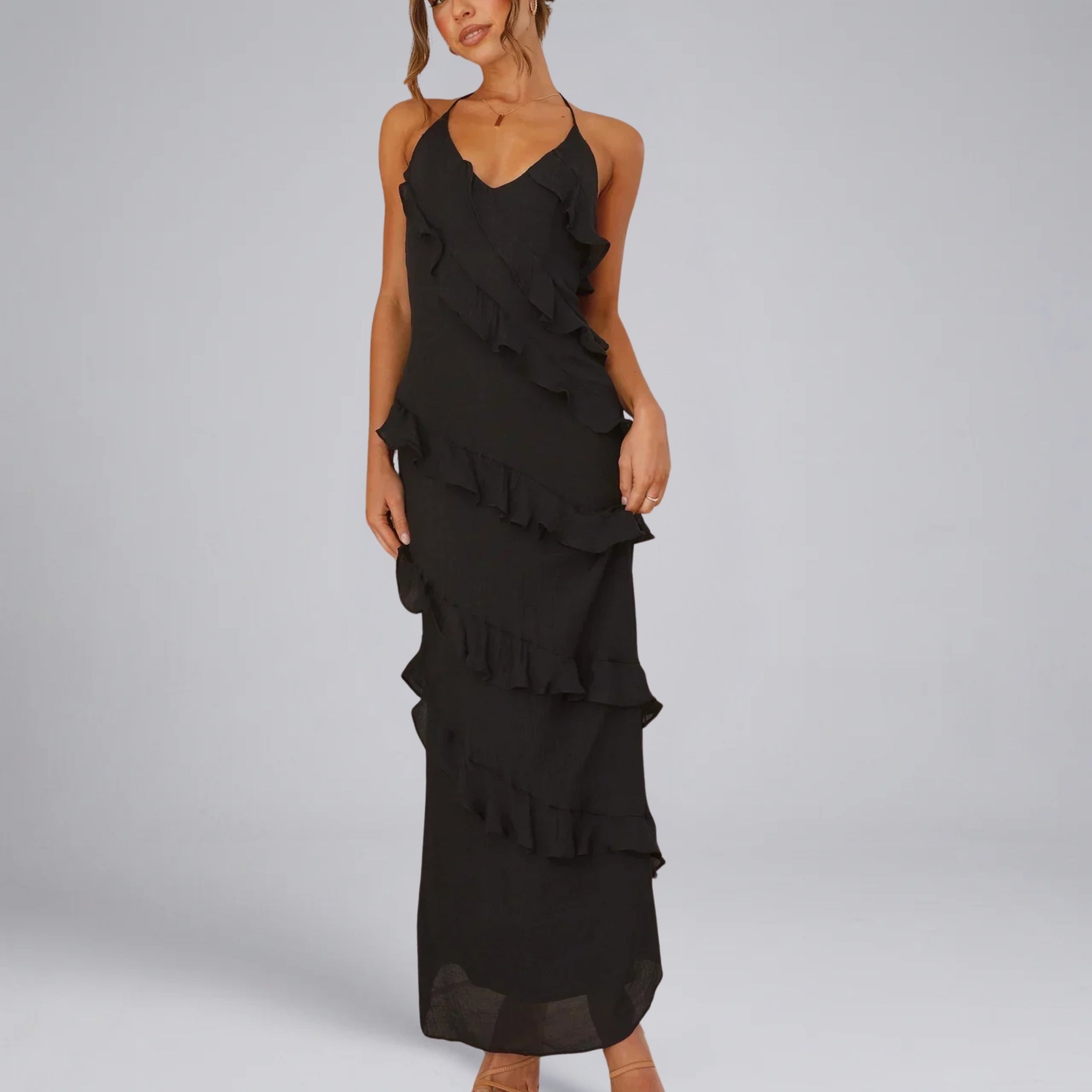 Women’s Ruffled Maxi Dress with Cascading Tiers and Slim Straps