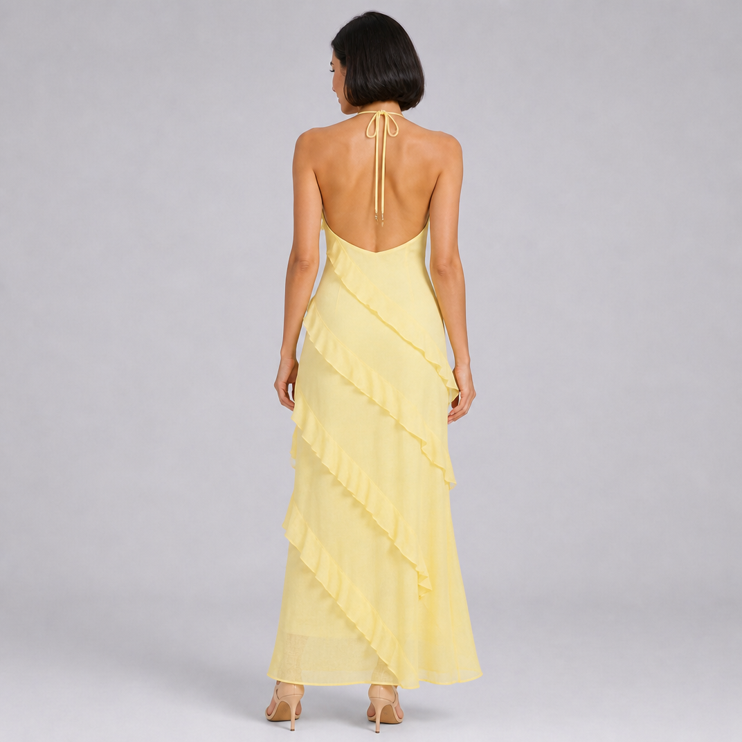 Women’s Ruffled Maxi Dress with Cascading Tiers and Slim Straps