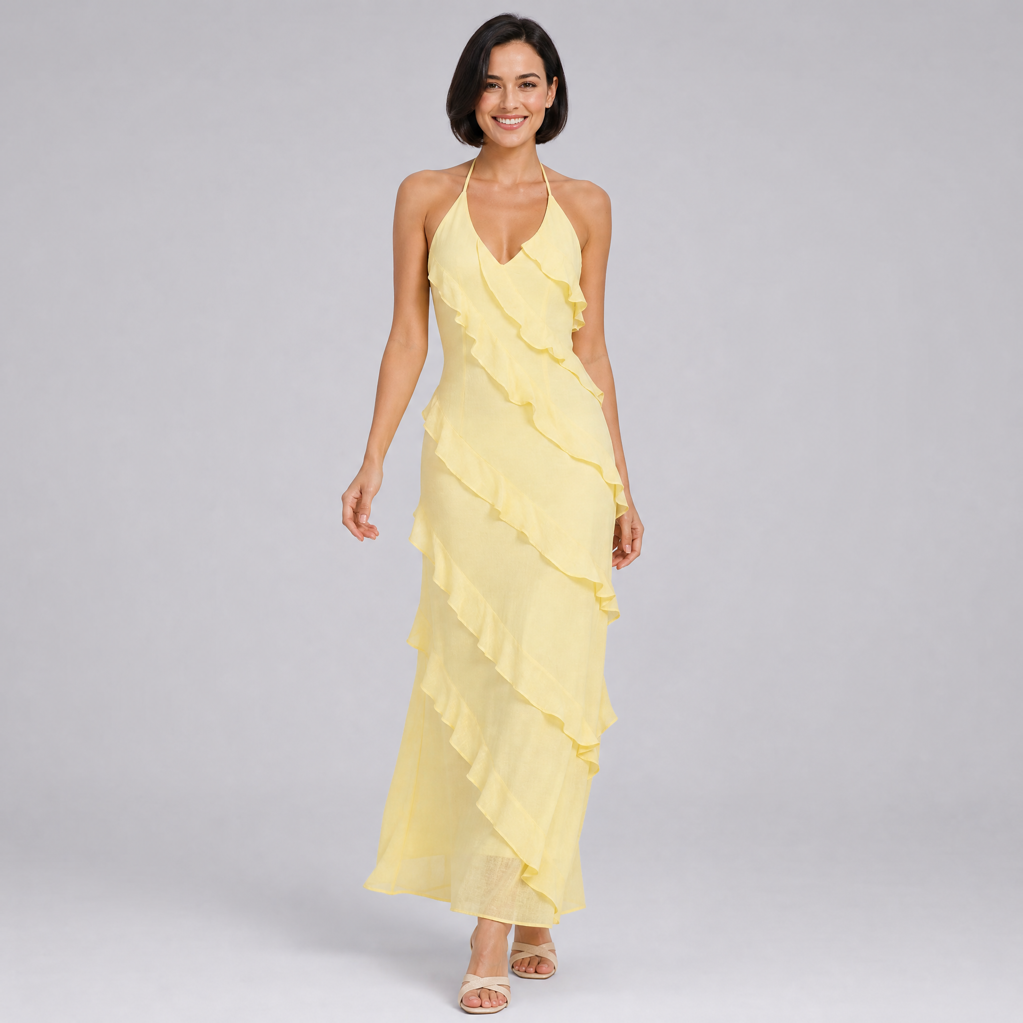 Women’s Ruffled Maxi Dress with Cascading Tiers and Slim Straps