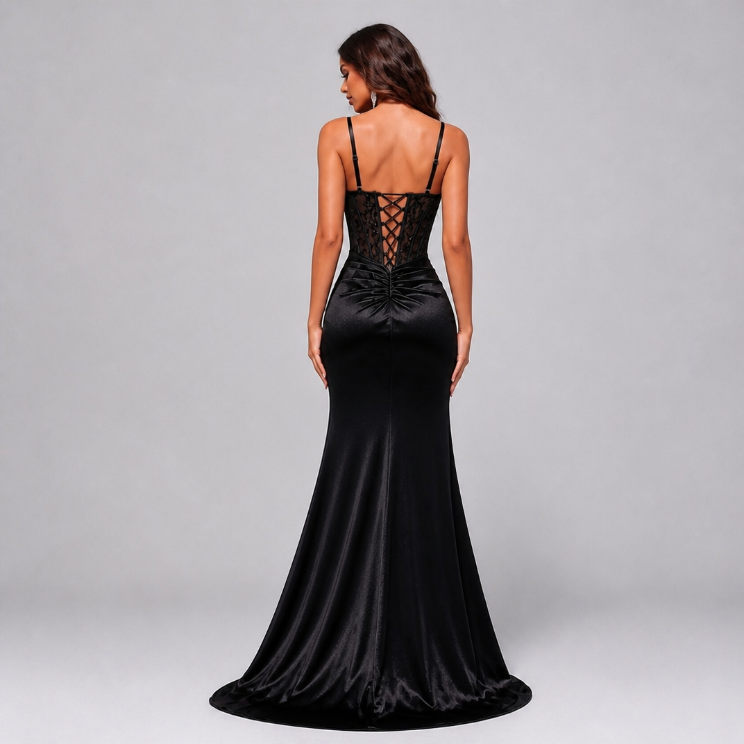 Women's Satin Corset Maxi Dress – Formal Black-Tie Gown