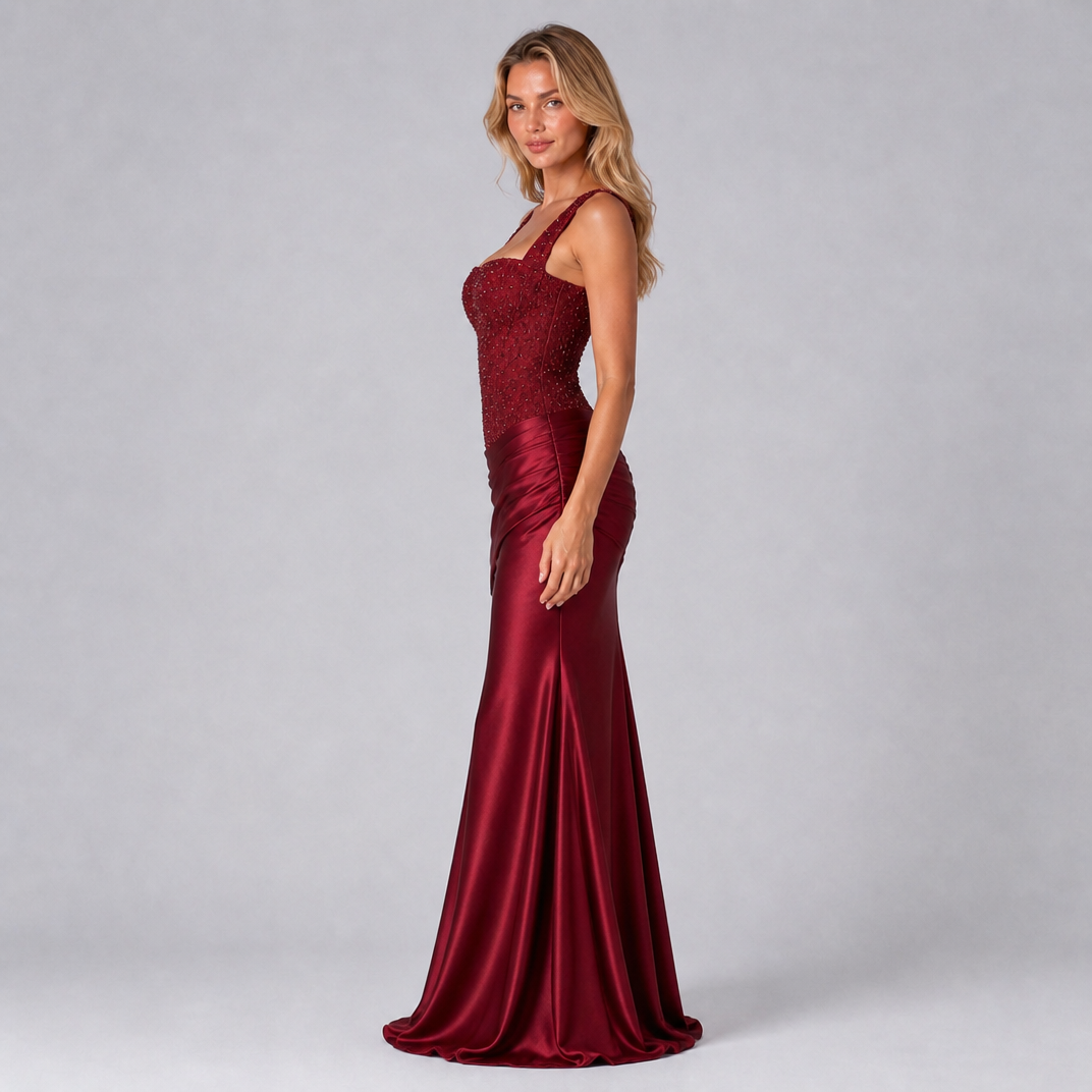 Women's Satin Corset Square Neck Evening Maxi Dress