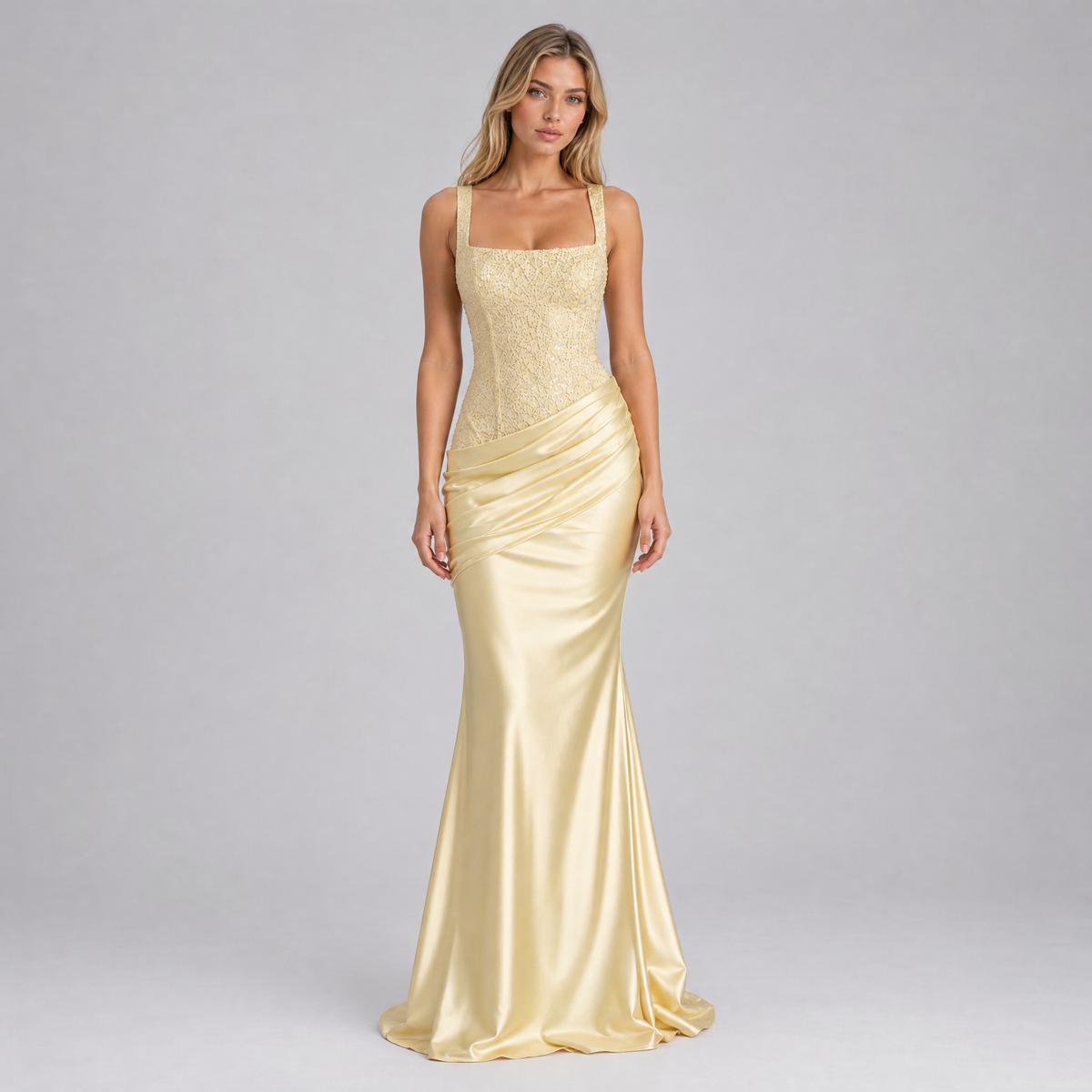 Women's Satin Corset Square Neck Evening Maxi Dress