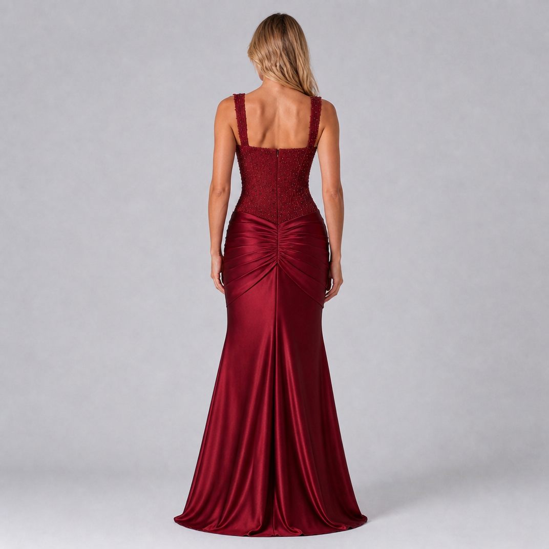 Women's Satin Corset Square Neck Evening Maxi Dress