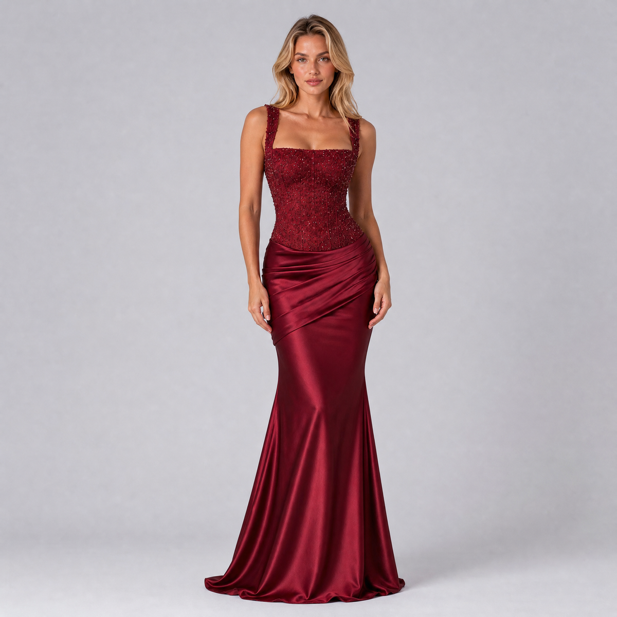 Women's Satin Corset Square Neck Evening Maxi Dress