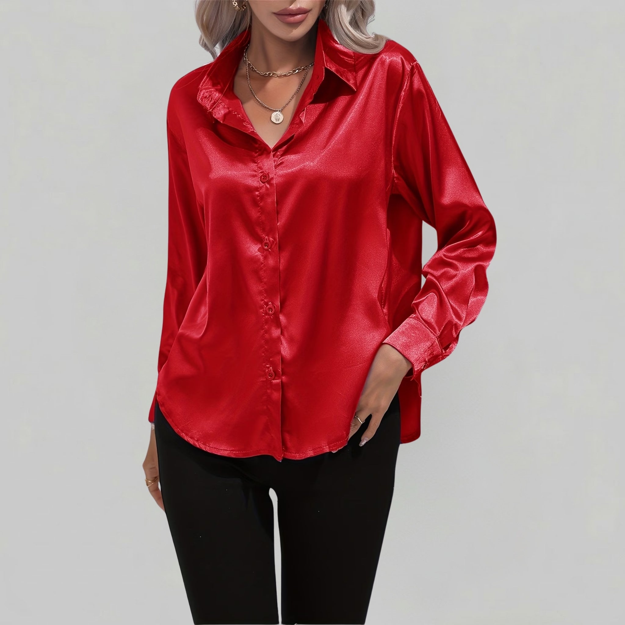 Women’s Satin-Finish Long-Sleeve Button-Down Shirt