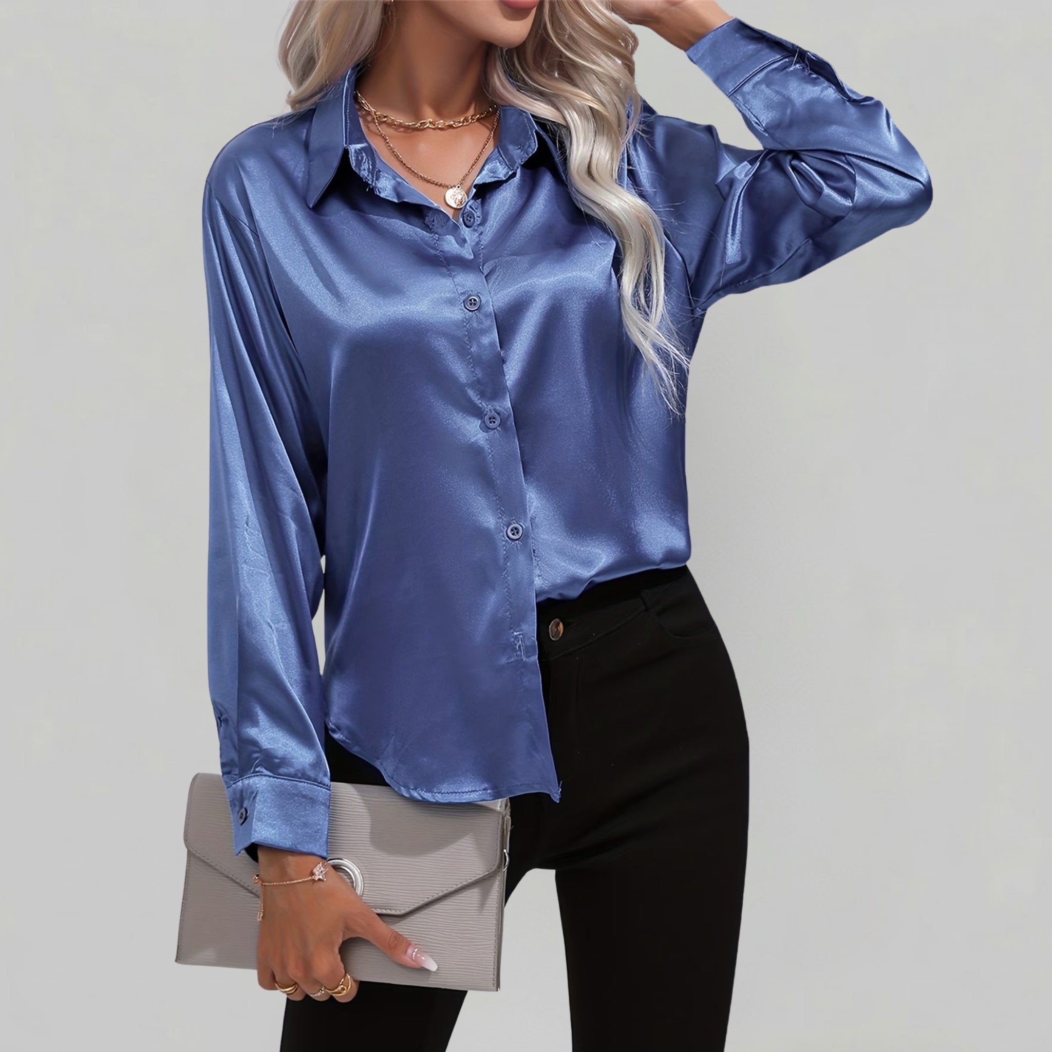 Women’s Satin-Finish Long-Sleeve Button-Down Shirt