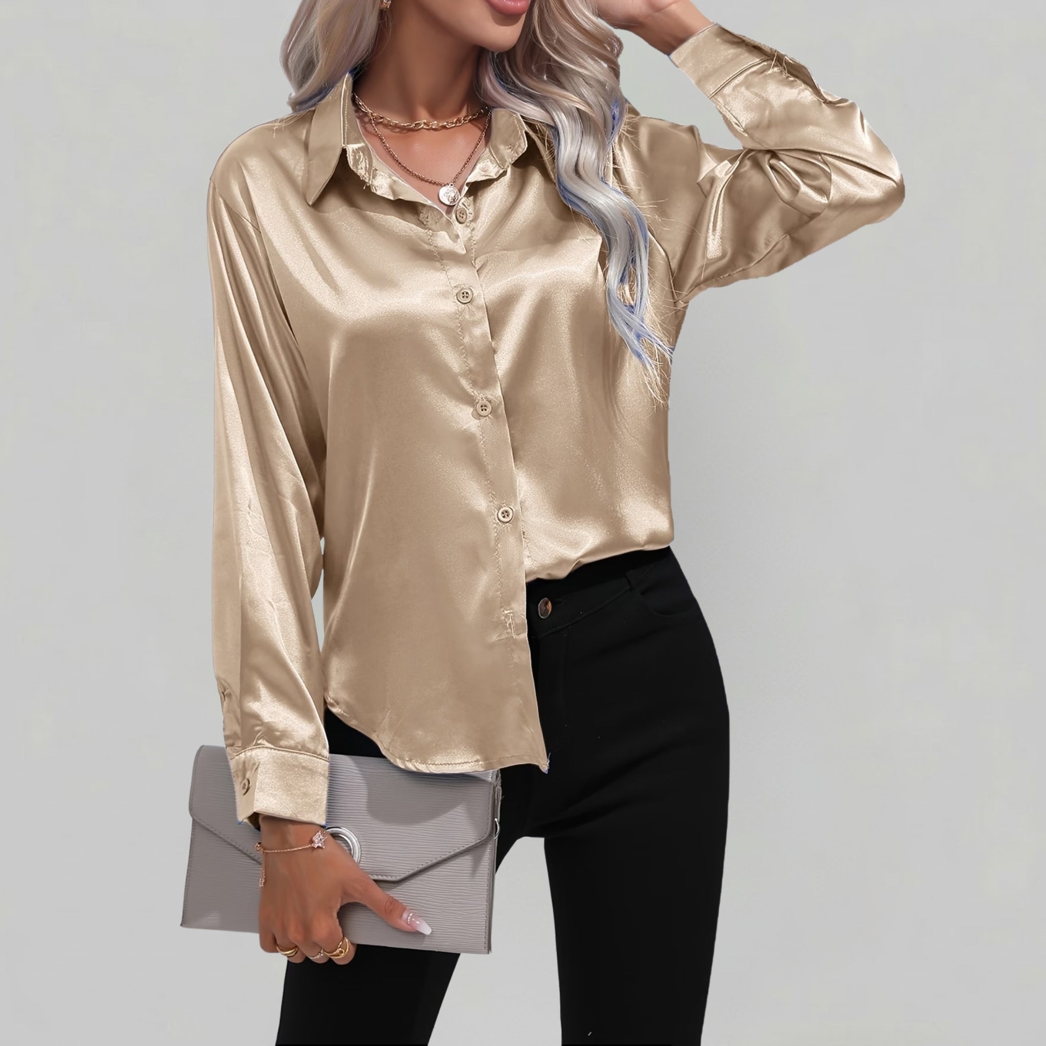 Women’s Satin-Finish Long-Sleeve Button-Down Shirt